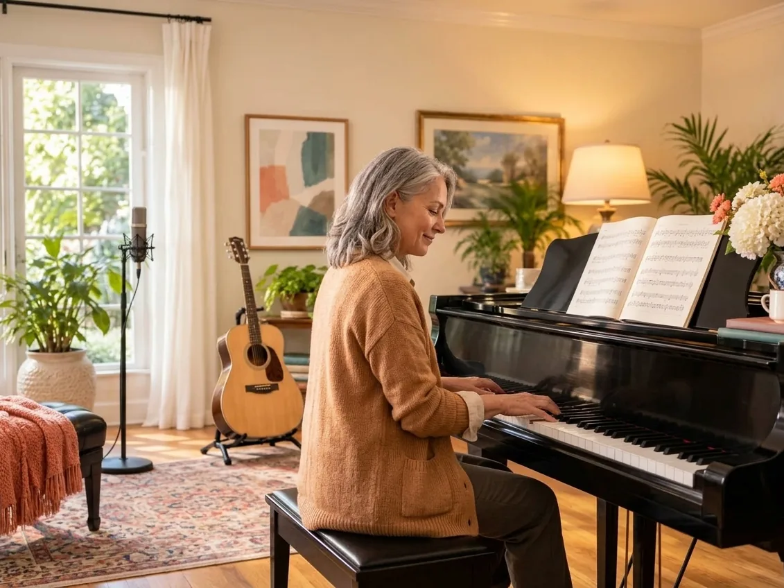Adult woman playing the piano from sheet music in a sunlit studio