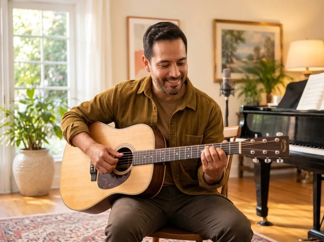 Adult student learning a chord on an acoustic guitar