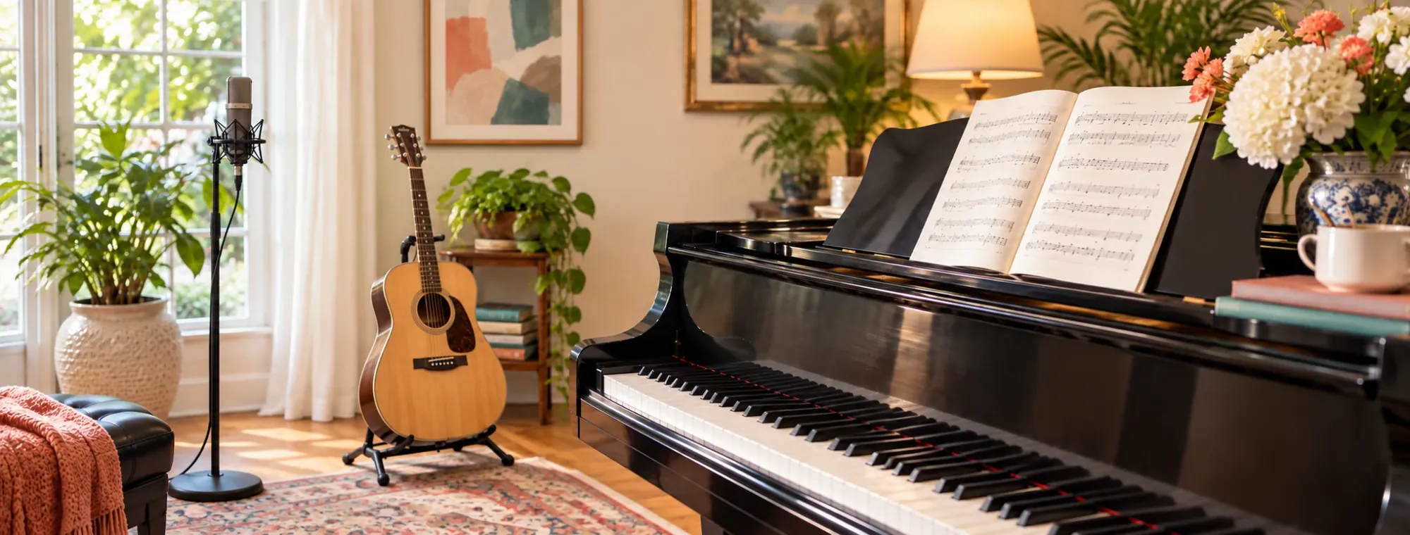 Sunlit home music studio with a grand piano, acoustic guitar and studio microphone