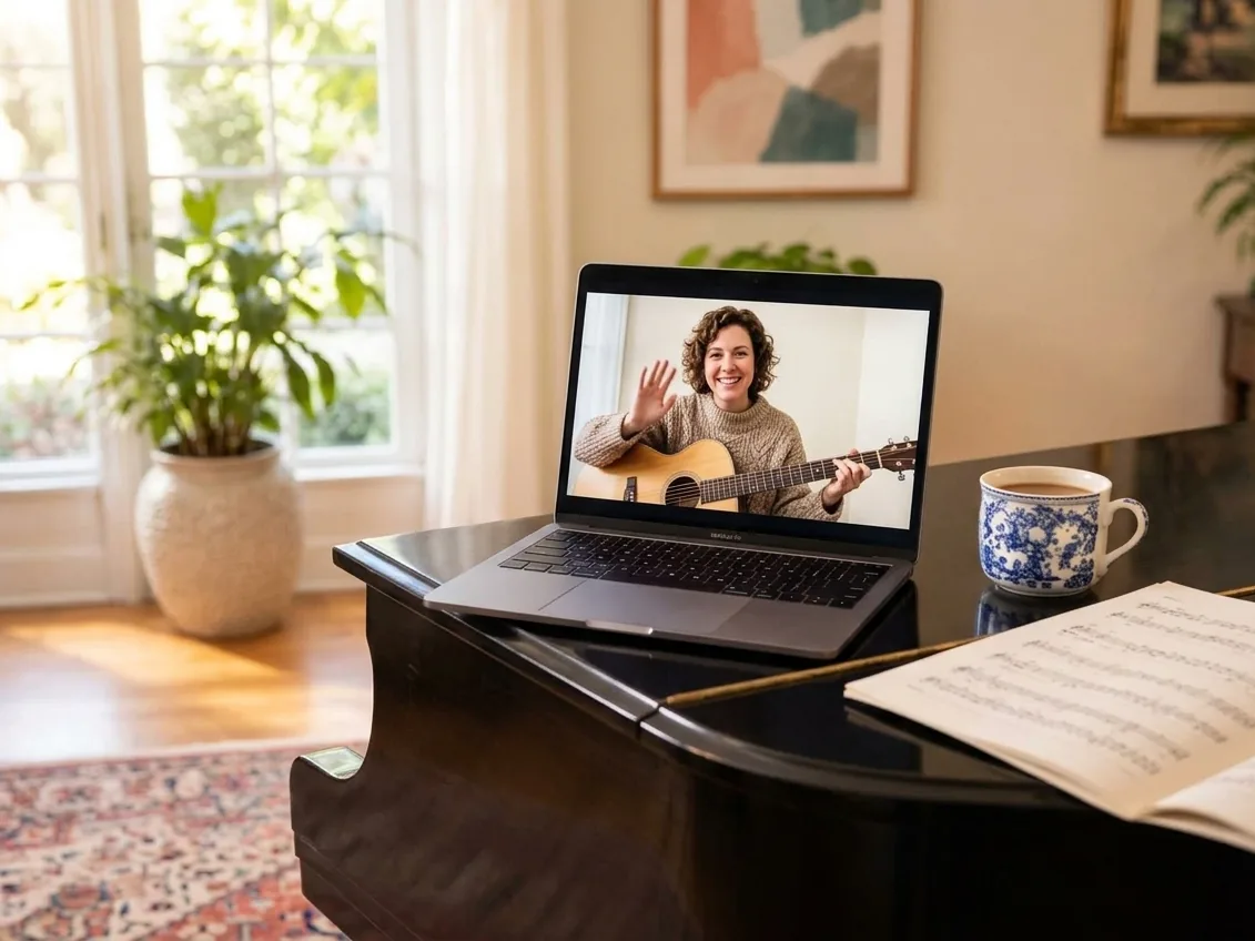 Laptop on a piano showing a live online music lesson