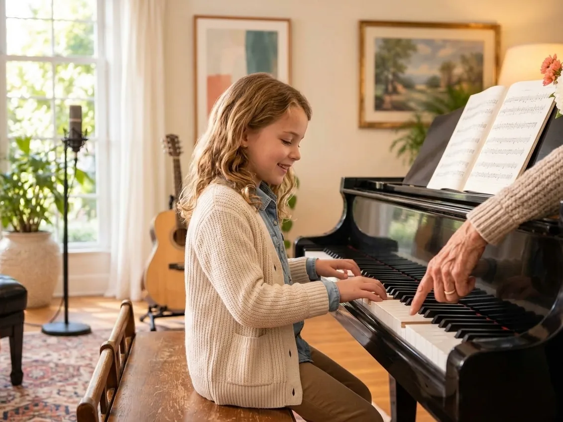 Young girl playing the grand piano while her teacher's hand points to the keys