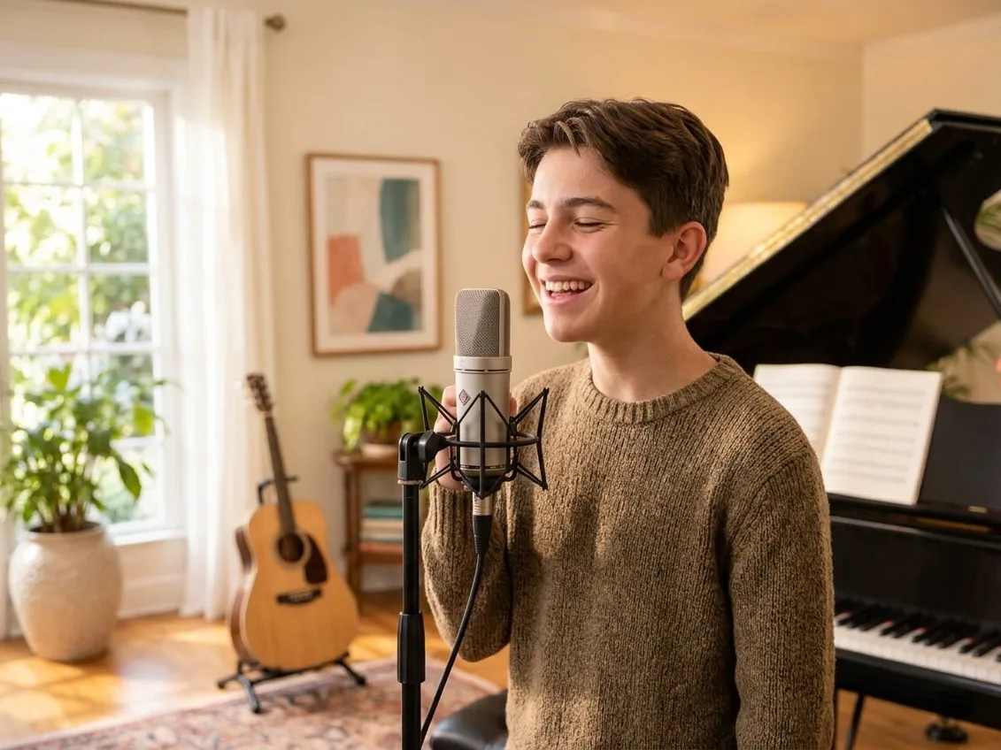 Teenage boy singing into a studio microphone